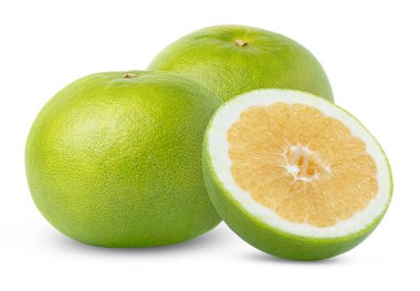 Taze oroblanco citrus meyvesi ve yarım parça pomelit izole edilmiş. Citrus greyfurt şekeri ve kesme yolu ile ikiye bölünmüş. Yüksek kalite fotoğraf