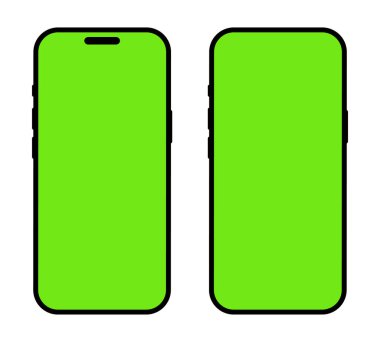Beyaz arka planda boş yeşil ekranlı akıllı telefon motifleri ve izole edilmiş ada. Cep telefonu modelleme seti, siyah modeller modern akıllı telefon şablonu, ön görüş. Cep telefonu modeli. Vektör