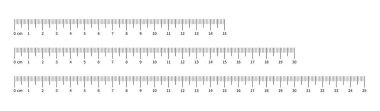 Ölçüm tablosu seti 15 cm, 20 cm ve 25 cm. Cetvel ölçeği koleksiyonu 150 mm, 200 mm, 250 mm numaralar. Uzunluk ölçü yüksekliği, matematik, mesafe, dikiş aleti. Cetvel ölçeği şablonları