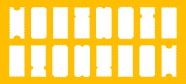 Biletleri sarı arka planda beyaz boş modeller olarak kabul et. Sinema, sirk, festival, kumarhane, tiyatro ve kulüp için bilet kalıbı. Boş düz şablonlar. Boş pano, piyango, minimalist satış.