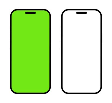 Siyah modeller, modern akıllı telefon şablonu, ön manzara. Beyaz arka planda boş beyaz ve yeşil ekranlı akıllı telefon modelleri ve izole edilmiş ada. Cep telefonu modelleri ayarlandı. Cep telefonu modeli. Vektör