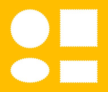 Posta pulu şablonu. Çember ya da oval ve dikdörtgen boş vintage pullar. Kartpostallar, mektuplar, boş sınırlar. Kupon, etiket, etiket, dalgalı, kıvrık delikli kenarlı kutular
