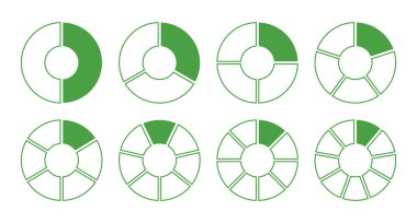 Tekerlek yuvarlak yeşil bölünmüş diyagramlar ve neon segmentler. Daire bölümü, 123456789 kalite parçalar üzerinde. Yeşili çalıştırıyorum. Bilgi grafikleri ayarlandı. Vektör illüstrasyonu