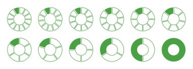 Tekerlek yuvarlak yeşil diyagramlar birden on iki segmente kadar bölünmüş. Daire bölünmesi 1 'den 12' ye eşit parçalarda. Boş düz şablon çalıştırılıyor. Çevreci segmentler, bilgi dağarcığının etrafında dönerler. Vektör