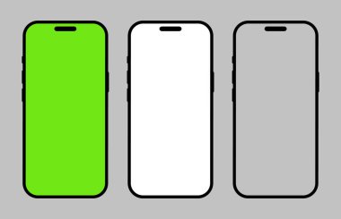 Akıllı telefon siyah çerçeveleri. Yeşil, beyaz ve gri ekranlı siyah cep telefonu simgeleri. Boş akıllı telefon şablonları. Aygıt ön görünümü. Gadget sembolleri. Web sitesi tasarımı için tabelalar, mobil uygulama, evet. Vektör