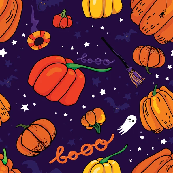 Halloween violet dark vector seamless pattern with pumpkins — Stock Vector