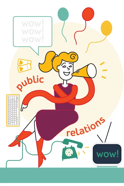 Relations publiques. fille organiser le travail au bureau. illustration vectorielle colorée — Image vectorielle