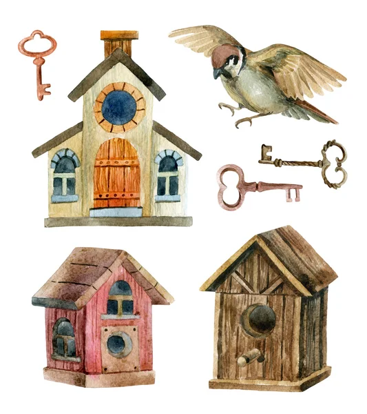 Retro-Vogelhäuschen und Schlüssel. drei niedliche rustikale Vogelhäuschen — Stockfoto