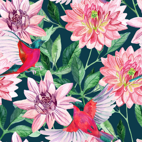 Watercolor asters and birds seamless pattern