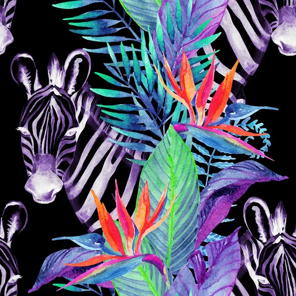 Patrón sin costuras de la selva tropical. Diseño floral con cebra sobre fondo blanco . — Foto de Stock