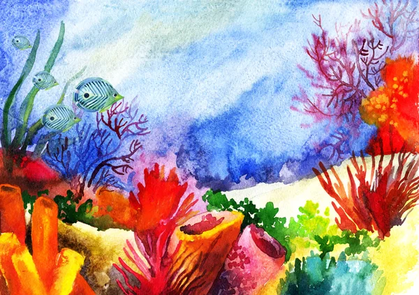 Paisaje submarino con arrecife de coral acuarela pintado . —  Fotos de Stock