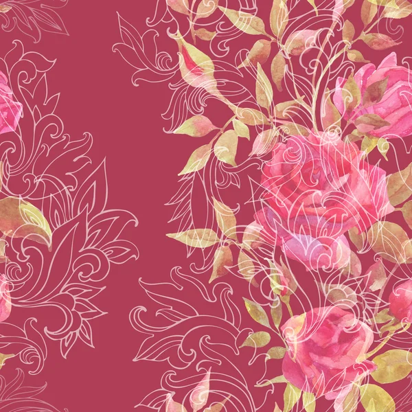Розовые розы на барочном орнаменте. Бесшовный рисунок — стоковое фото