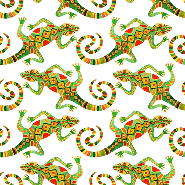 トカゲと水彩のシームレスなサボテン パターン — ストック写真