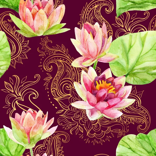 Akvarell lotusblomma på gyllene ornament. Seamless mönster — Stockfoto