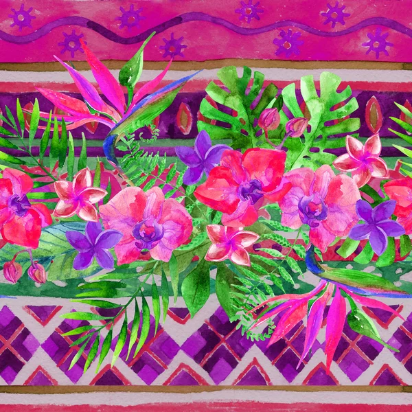 Tropische bladeren en bloemen op decoratieve achtergrond. Floral levendige achtergrond. — Stockfoto