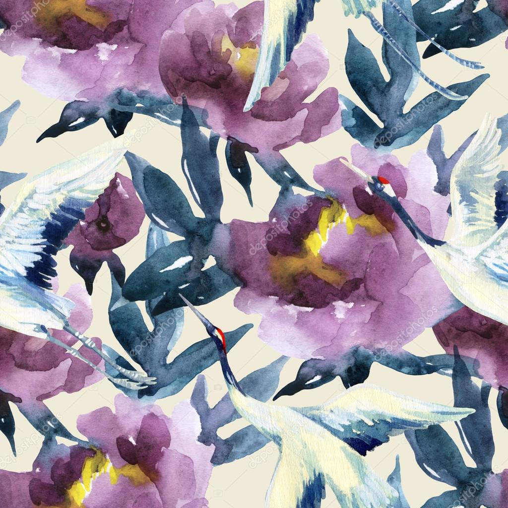 Hand painted watercolor peonies and crane birds