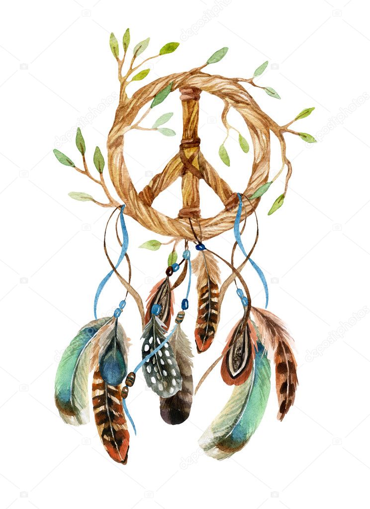 Watercolor ethnic dream catcher and peace sign. Stock Photo by  ©Tetiana_Syrytsyna 100661854
