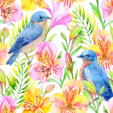 Sulu Boya Alstroemeria çiçek seamless modeli.