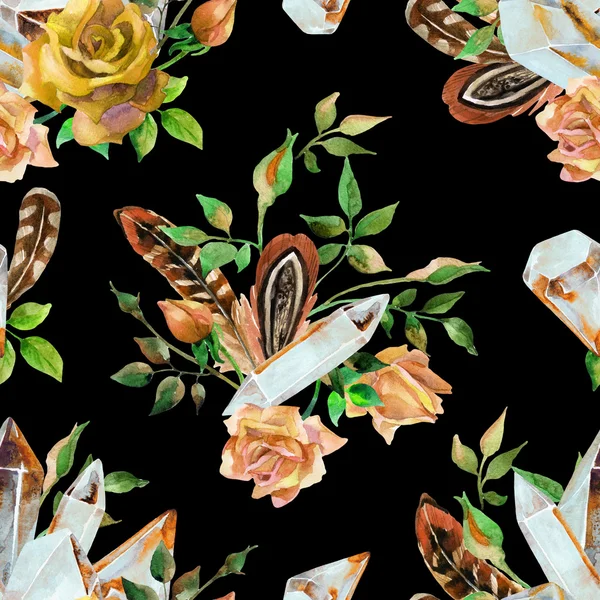 Akvarell pärlor, fjädrar och blommor seamless mönster — Stockfoto