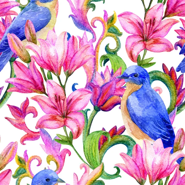 Lily seamless mönster med akvarell målade ornament — Stockfoto