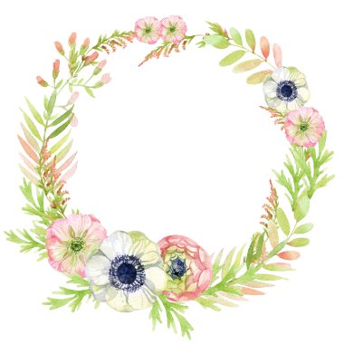 suluboya çelenk çerçeve anemone ve otlar ile