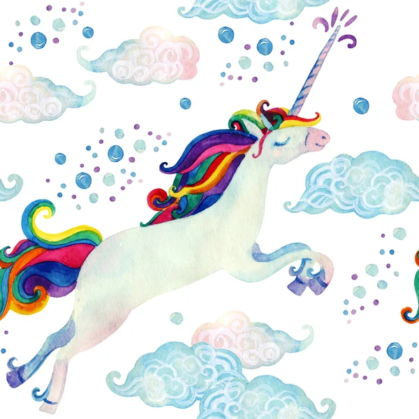 Aquarell Märchen nahtloses Muster mit fliegendem Einhorn, magischen Wolken und Regen — Stockfoto