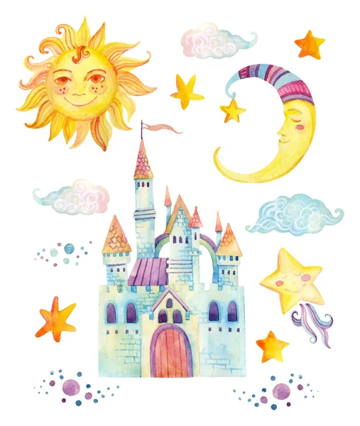 Coleção de contos de fadas aquarela com castelo mágico, sol, lua, pequena estrela bonito e nuvens de fadas — Fotografia de Stock