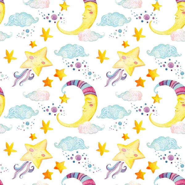 Ακουαρέλα παραμύθι χωρίς ραφή πρότυπο με μαγικό ήλιος, Σελήνη, χαριτωμένο μικρό αστέρι και νεράιδα σύννεφα — Φωτογραφία Αρχείου