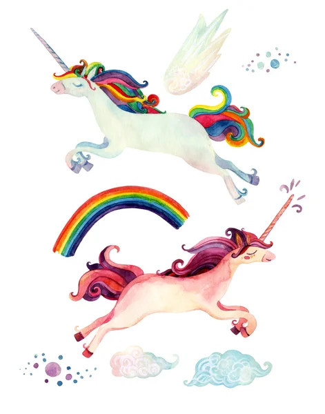 Aquarell Märchensammlung mit fliegendem Einhorn, Regenbogen, Zauberwolken und Feenflügeln — Stockfoto