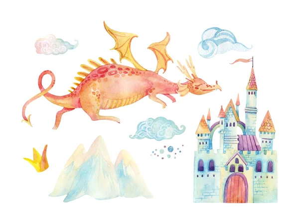 Watercolor fairy tale collection with cute dragon, magic castle, mountains and fairy clouds — Stock Photo, Image