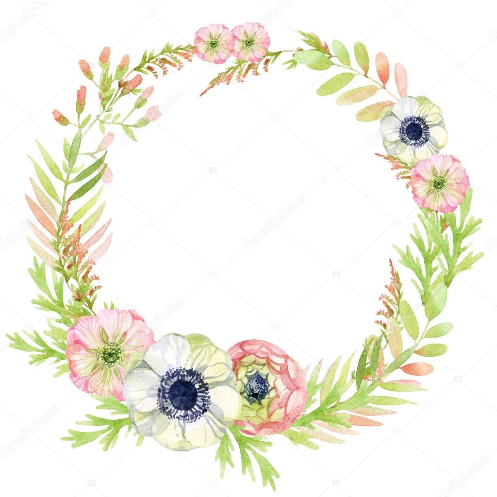 watercolor wreath frame with anemone and herbs