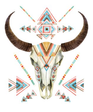 İnek kafatası kabile tarzı. Etnik süsleme ile hayvan kafatası
