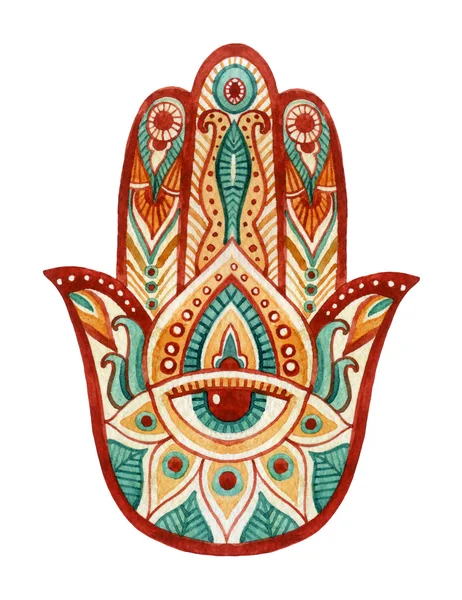 HAMSA Hand in aquarel. Beschermende en Good luck amulet in Indische, Arabische, Joodse culturen. Hamesh hand in levendige kleuren. — Stockfoto