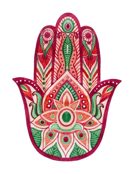 Hamsa Mão em aquarela. Amuleto de proteção e boa sorte nas culturas judaicas indianas e árabes. Hamesh mão em cores vivas . — Fotografia de Stock