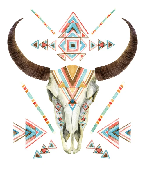 Cow skull in tribal style. Animal skull with ethnic ornament — Stock Photo, Image