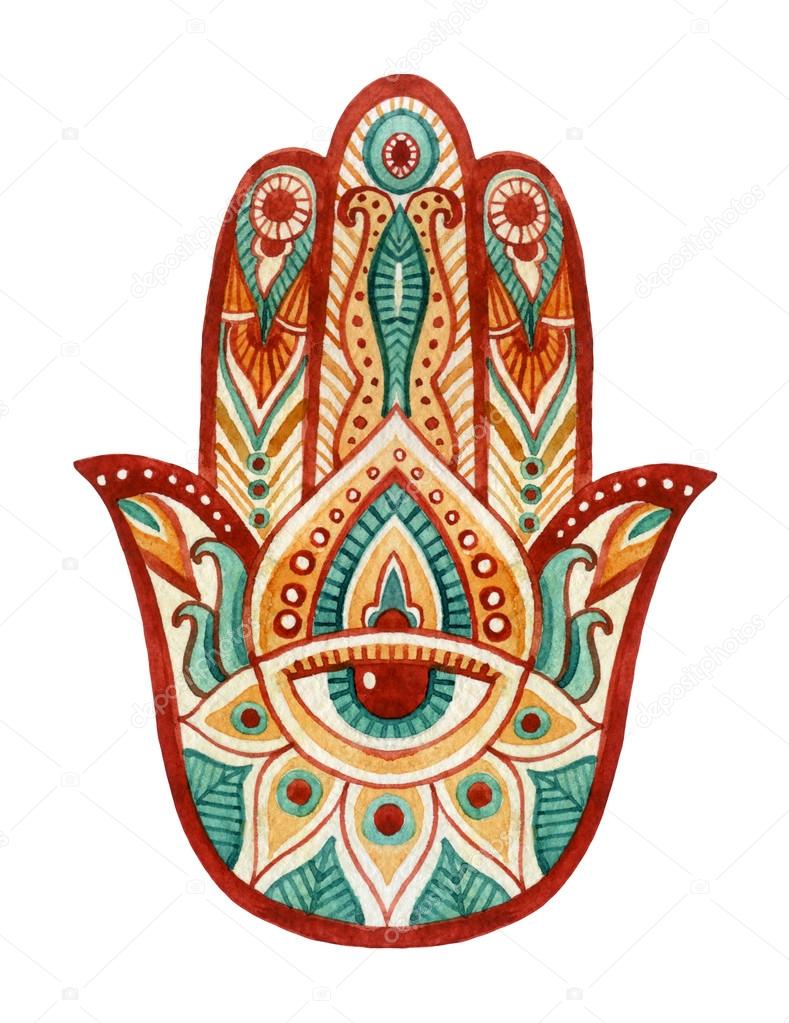 Hamsa Hand in watercolor. Protective and Good luck amulet in Indian, Arabic  Jewish cultures. Hamesh hand in vivid colors.