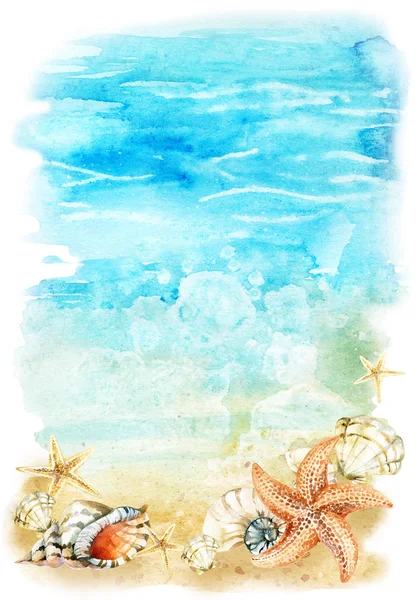 与海贝壳和海星的水彩海滩图 — 图库照片