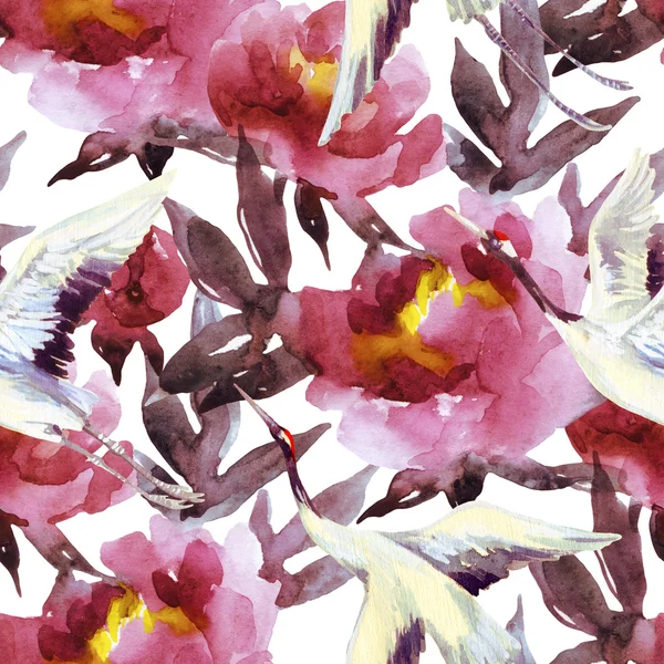 Kézzel festett akvarell pünkösdi rózsa és a daru madár — Stock Fotó