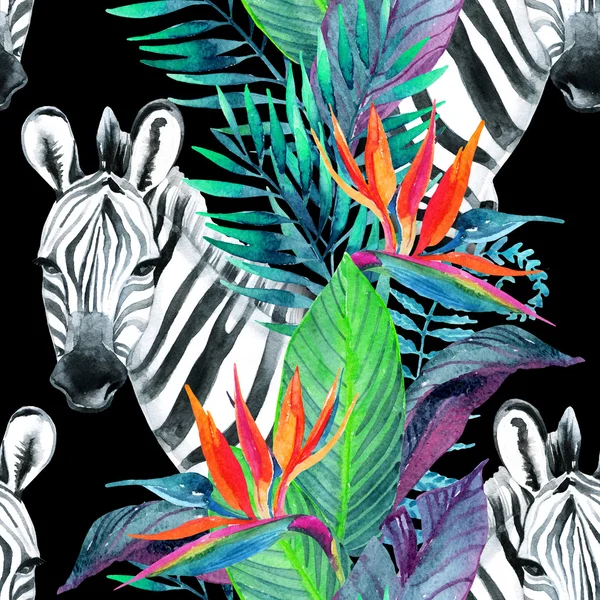 Tropical jungle seamless pattern. Floral design with zebra on white background. — Stock Photo, Image