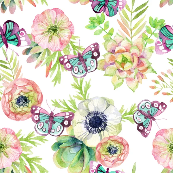 Watercolor seamless pattern with anemone and herbs — Stock Photo, Image