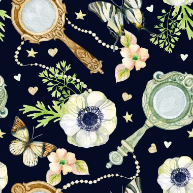 Çiçek ve kelebek ile Vintage el aynası