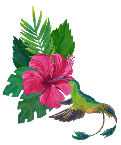 Akvarell humming bird med exotiska blommor och blad — Stockfoto