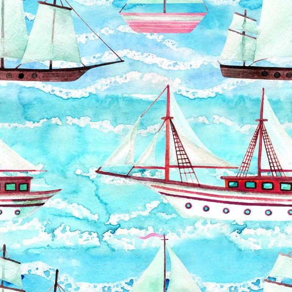 Watercolor sailing ships seamless pattern — Stock Photo, Image