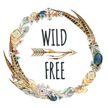 Beyaz arka plan üzerinde izole ok ve süslü kuş tüyleri suluboya çelenk. 