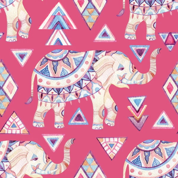 Индийский декоративный слон акварель с племенными элементами бесшовный узор — стоковое фото