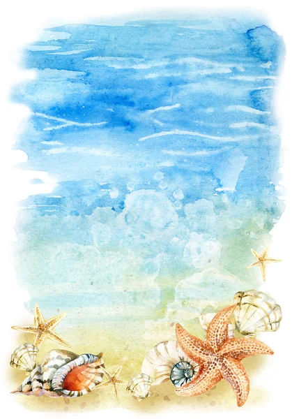 Иллюстрация пляжа акварелью с морскими раковинами и морскими звездами — стоковое фото