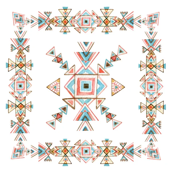 Aquarell-Stammesrahmen mit kunstvollen geometrischen Elementen auf weißem Hintergrund. — Stockfoto