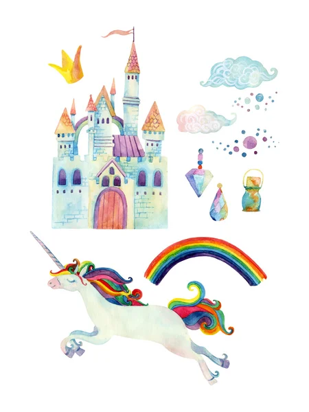 Aquarell Märchensammlung mit Einhorn, Regenbogen, Schloss, magischen Edelsteinen und Feenwolken — Stockfoto