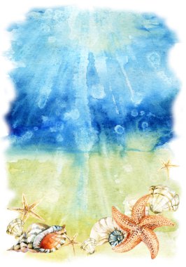 Watercolor sea bottom illustration with sea shells and starfishes clipart