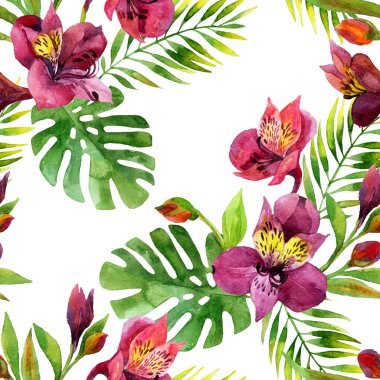 Sulu Boya Alstroemeria çiçek seamless modeli.